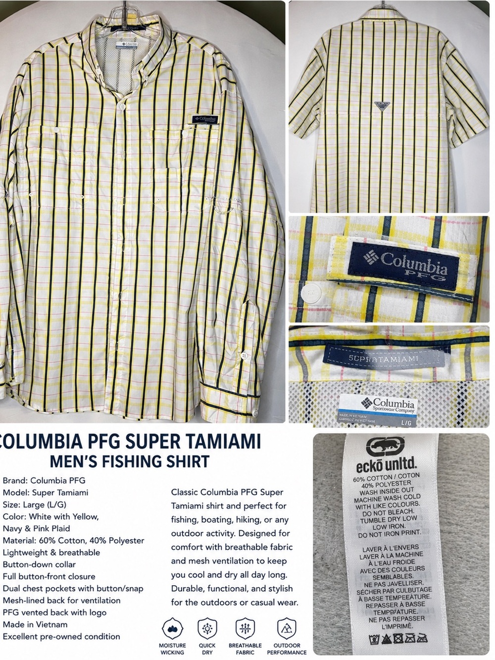 Columbia PFG White and Yellow Plaid Short-Sleeve Button-Down Shirt